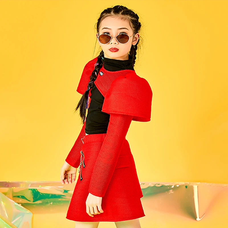 

Kids Jazz Dance Cosutmes Modern Girls Clothing Red Puff Sleeves Cheerleader Performance Catwalk Hip Hop Dancing Outfit 120-170