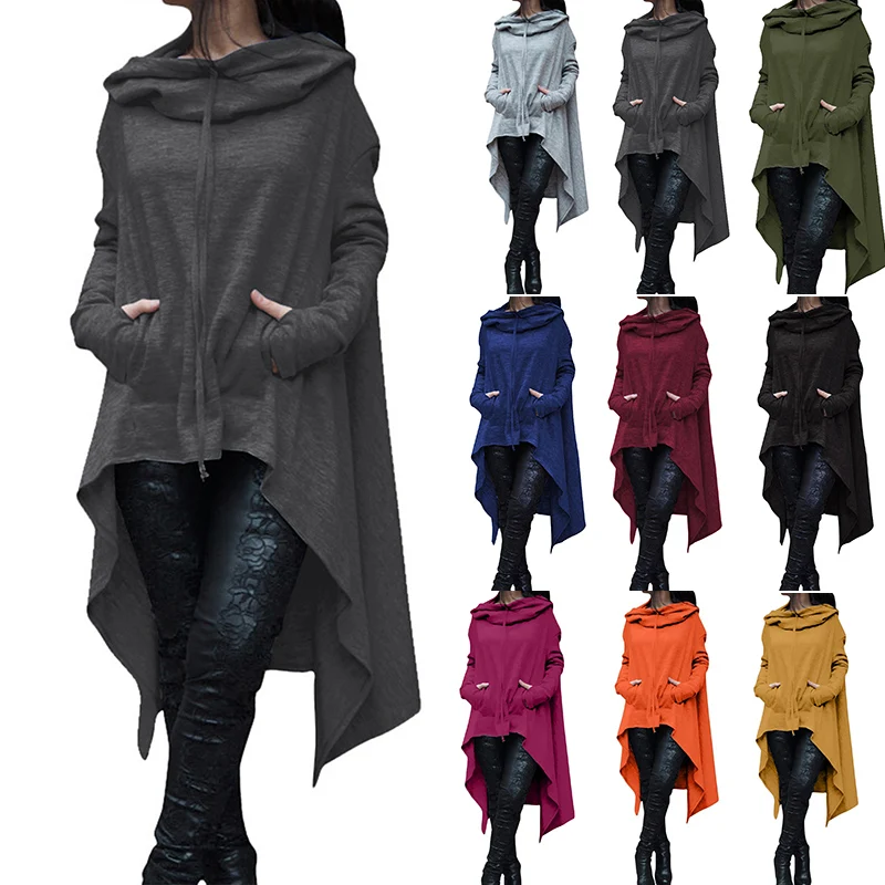 

Women Casual Solid Long Hoodies Autumn Pocket Regular Hem Hooded Sweatshirts Loose Cloak Long Sleeve Hooded Pullover Outwear