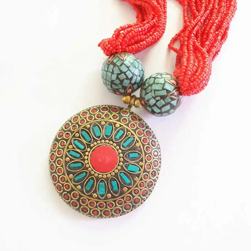 Непальская винтажная большая латунная подвеска ожерелье с красной многослойной