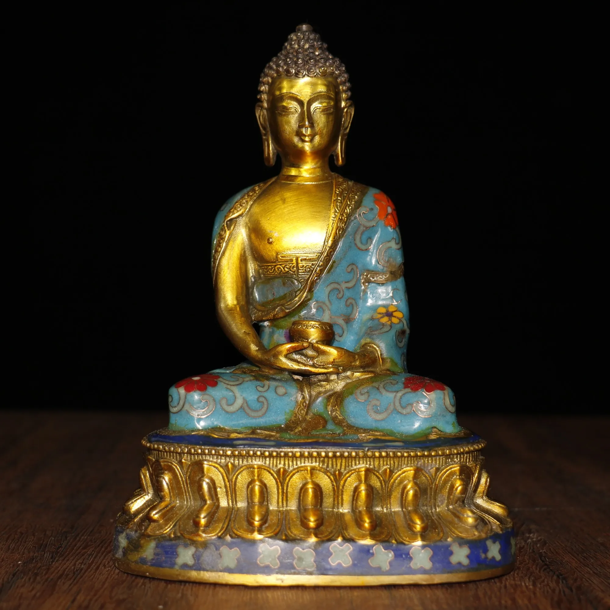 

8"Chinese temple collection Old Bronze Cloisonne Enamel Shakyamuni Buddha statue Sitting Buddha Amitabha Enshrine the Buddha