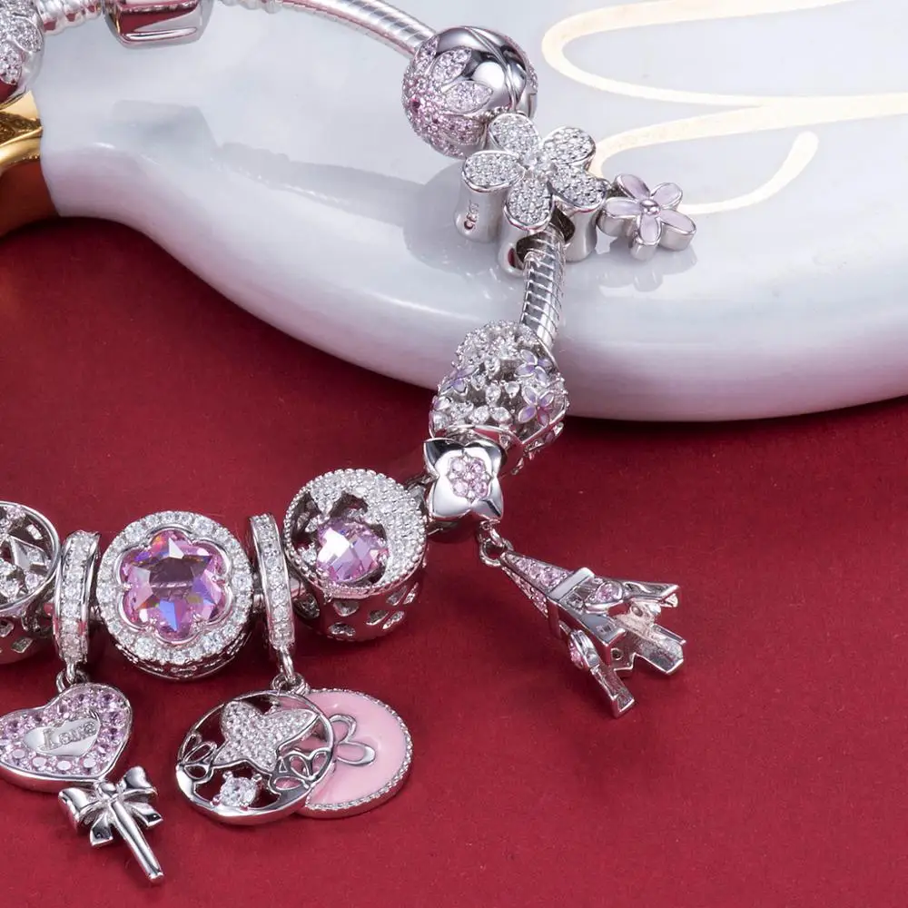 Видео! Розовый цветок бабочки танцевальные 925 пробы Серебряные Подвески подходят