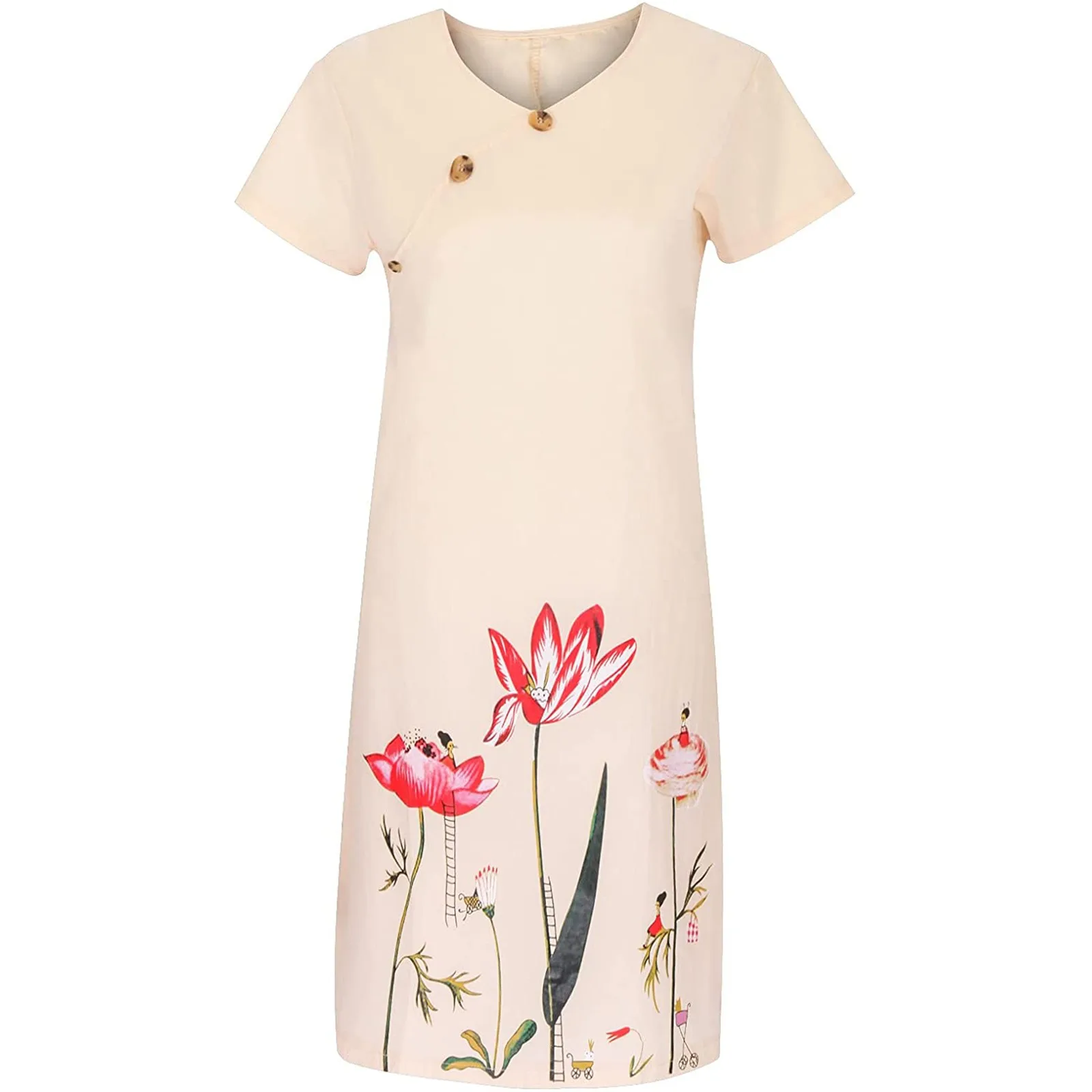 

dresses for Women Floral Dress Soild Color Button Print V-Neck Sleeve Knee-Length Dress vestido de mujer