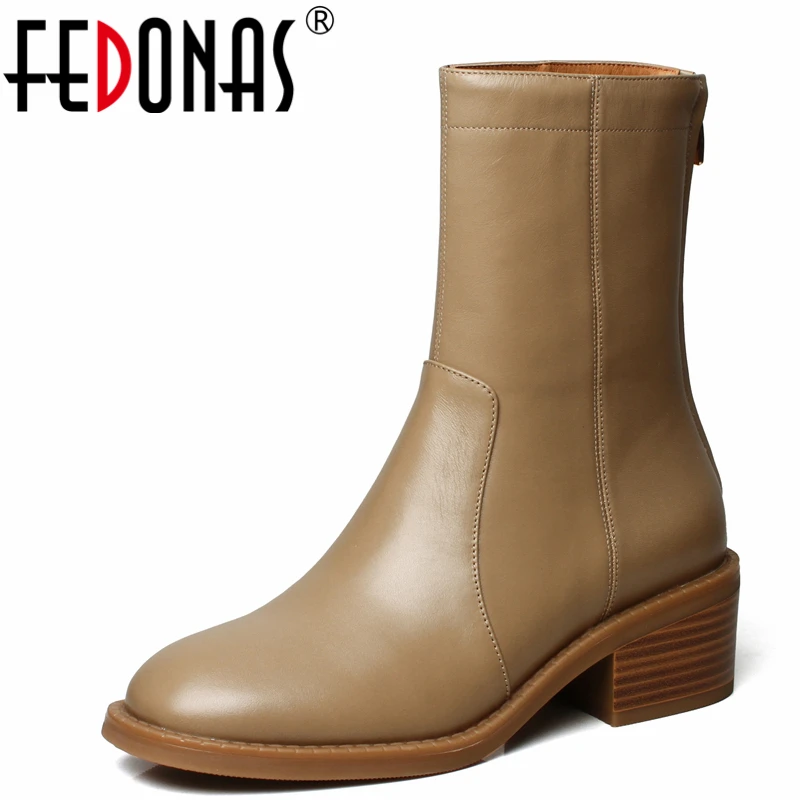 

FEDONAS Concise Women Ankle Boots Autumn Winter Genuine Leather Office Ladies Casual Thick Heels Shoes Woman Back Zipper 2021