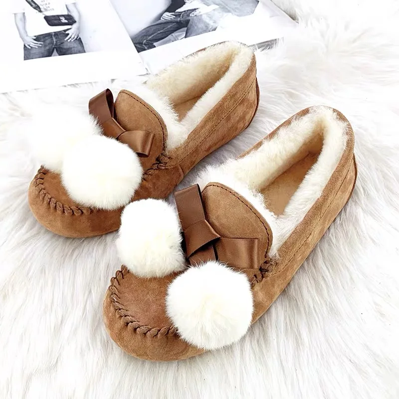 

High Quality 100% Natural Fur Genuine Leather Women Flat Shoes New Fashion Women Moccasins Casual Loafers Plus Size Winter shoes