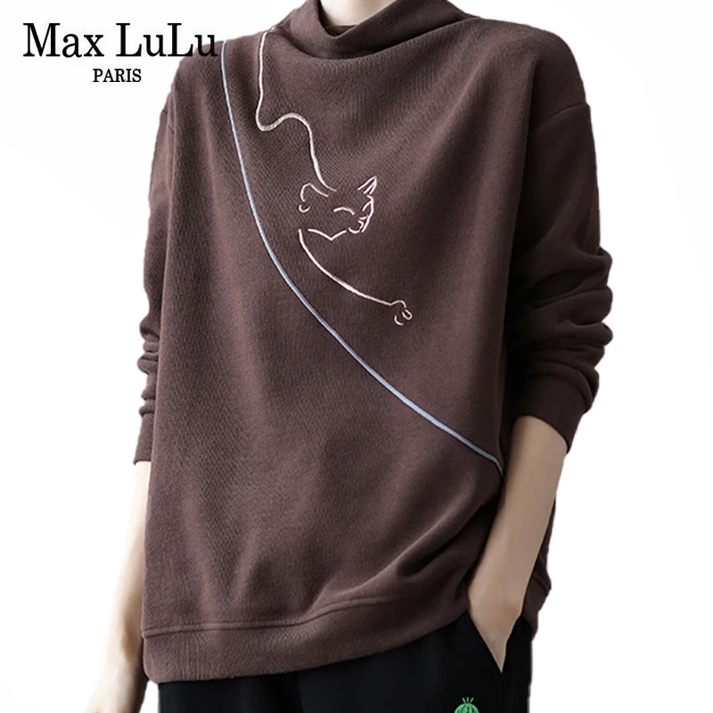 

Женские Модные свободные винтажные Топы Max LuLu, сезон зима 2021, дизайнерские женские футболки в Корейском стиле с высоким воротником, Повседне...