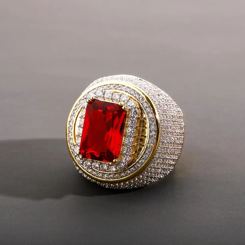 TOPGRILLZ Hip-Hop Classic Gold Color Plated Cubic Zircon Big Red Stone Ring Personality Fashion Men Women Jewelry Lover Gift | Украшения и
