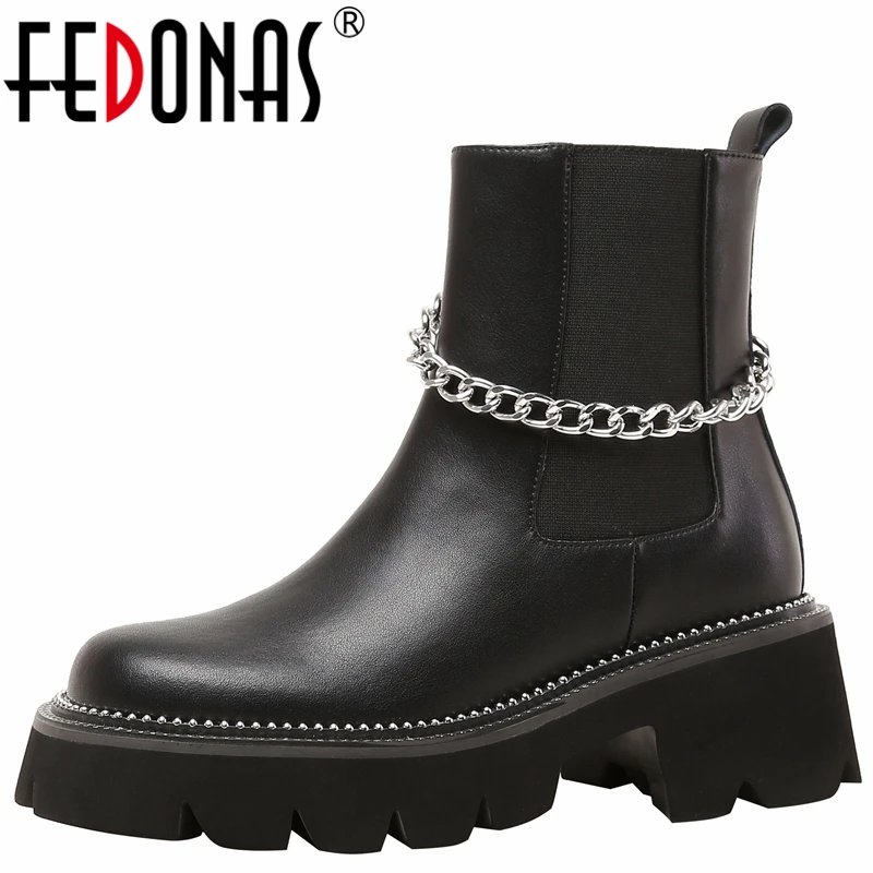 

Женские ботильоны из натуральной кожи FEDONAS, повседневная обувь на платформе с заклепками и цепочкой в стиле панк на осень-зиму