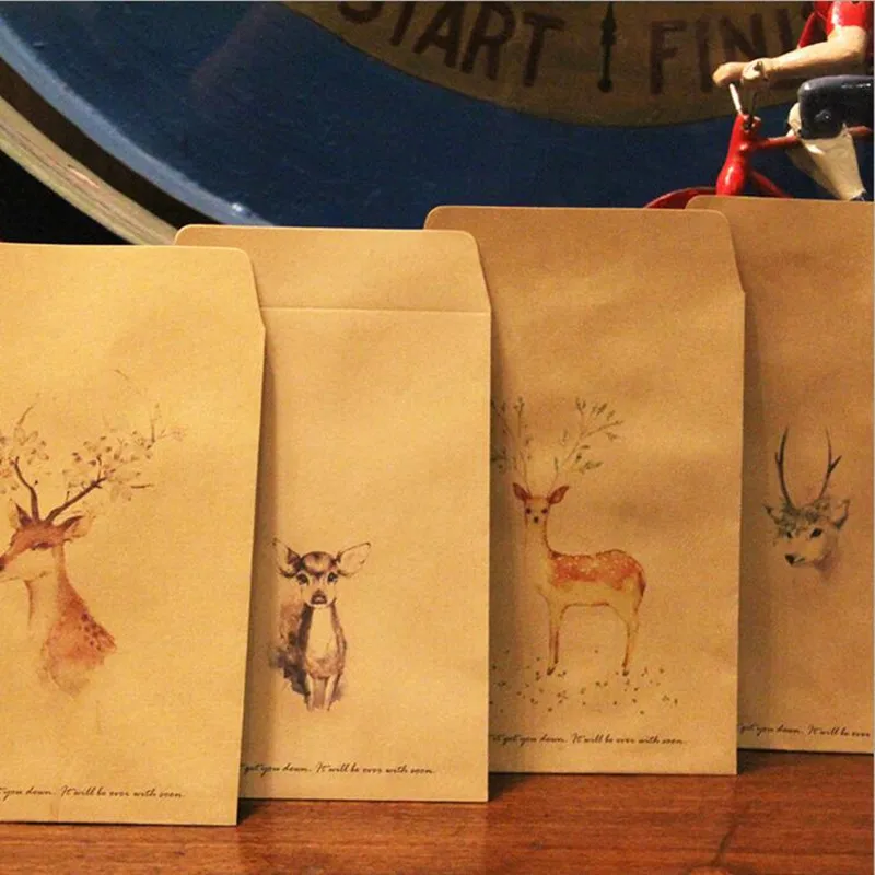 

Free Shipping 100Pcs DIY Deer Envelope Cute Retro Kraft Paper Envelopes Gift Card Office Stationery Supplier Style Available