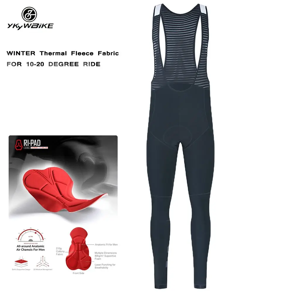 

YKYWBIKE Cycling Bib Shorts Full Length Trousers Winter Tights With Pad Cycling Pants Thermal Fleece Mountain Bike Clothing