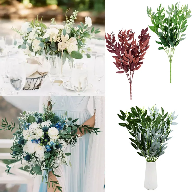 

5 Forks Artificial Willow Leaves Green Fake Plants DIY Faux Bouquet Foliage Accessor for Home Wedding Forest Party Decoration