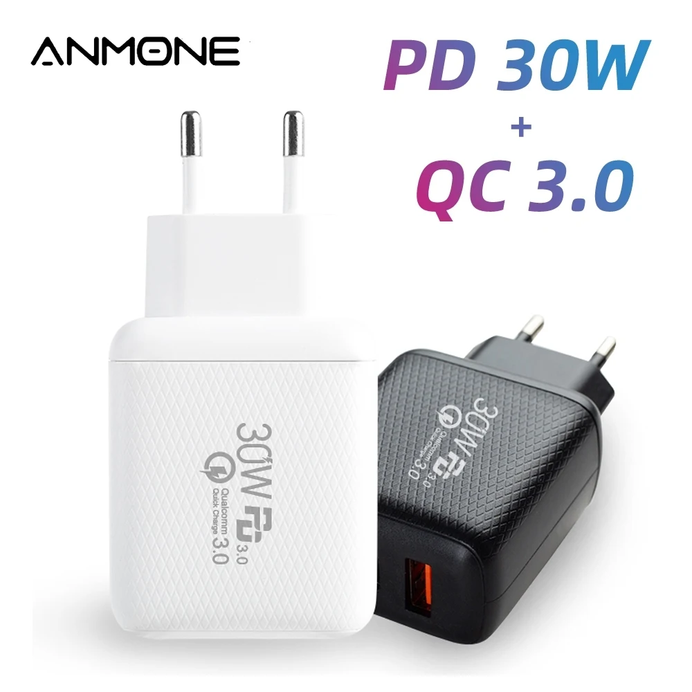 

ANMONE EU Plug USB QC 3.0 Adapter 30W Support Type C PD Fast Charging Portable Phone Charger For Samsung Xiaomi Huawei