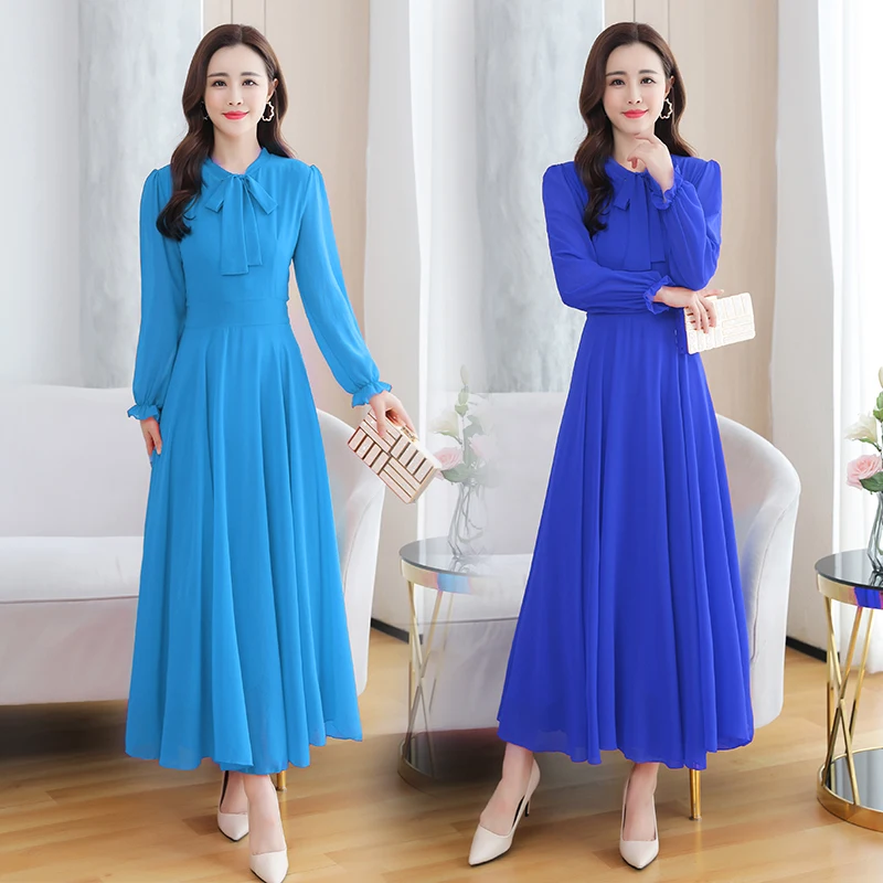 

2021 New 6 Colors Solid Chiffon Beach Maxi Dresses Spring Elegant 4XL Plus Size Long Sleeve Dress Autumn Women Bodycon Vestidos