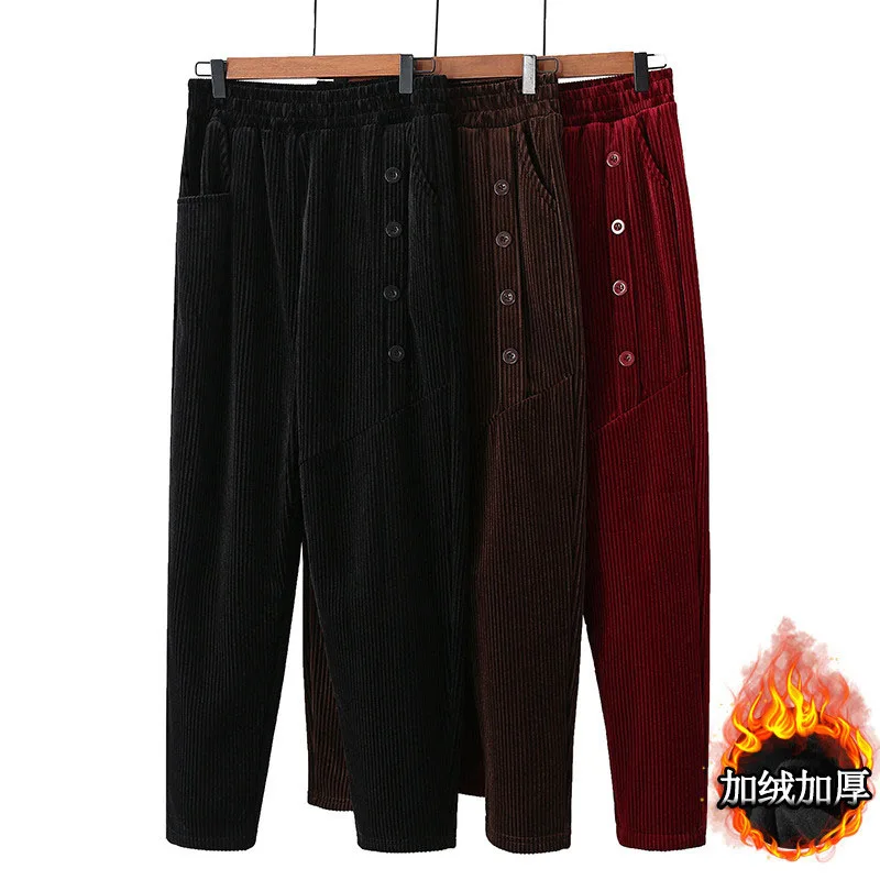 

Winter Women Corduroy Pants 2022 New Solid Stretch High Waist Casual Pants Fleece Warm 5XL Middle-aged Female Mother Pants
