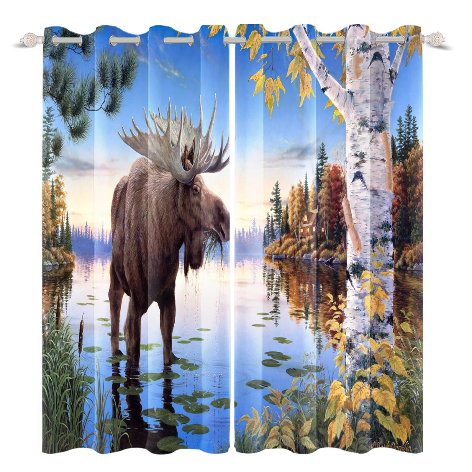 

3D Printing Oil Painting Curtain Wild Elk Lake Plant Blackout Curtain Home Decor For Living Room Bedroom