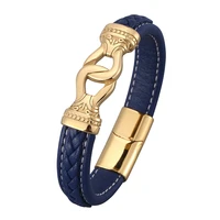 blue leather bracelets bangles men jewelry vintage totem gold stainless steel magnetic buckle punk male wristband gift pd0808
