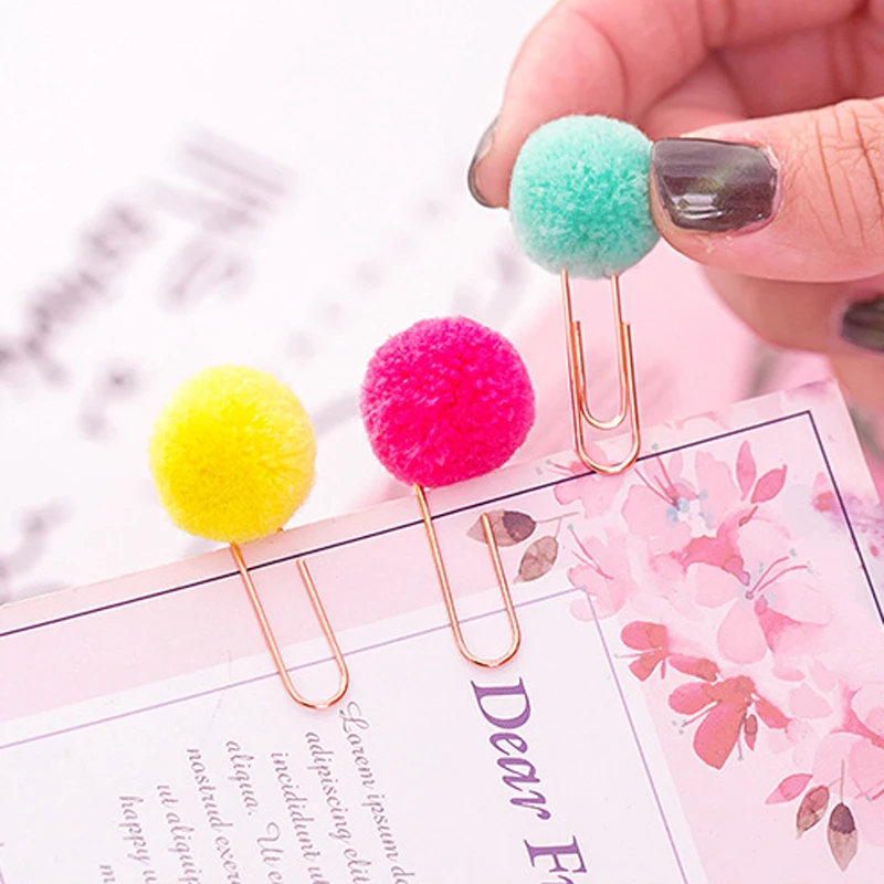 6pcs/set Kawaii Hairball Rose Gold Cilp Candy Color Modelling Cute Paper Clip Decoration Office Supplies Stationery DIY Set | Канцтовары