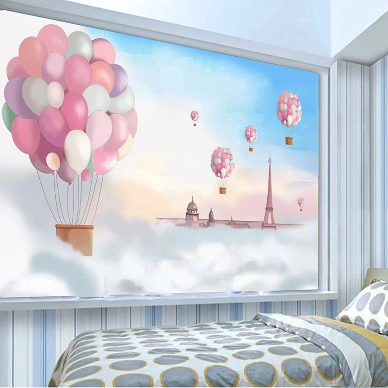 Custom 3D Poster Cartoon Children Room Decoration Pink Hot Balloon Wall Mural Girls Bedroom Self Adhesive Wallpaper Waterproof |