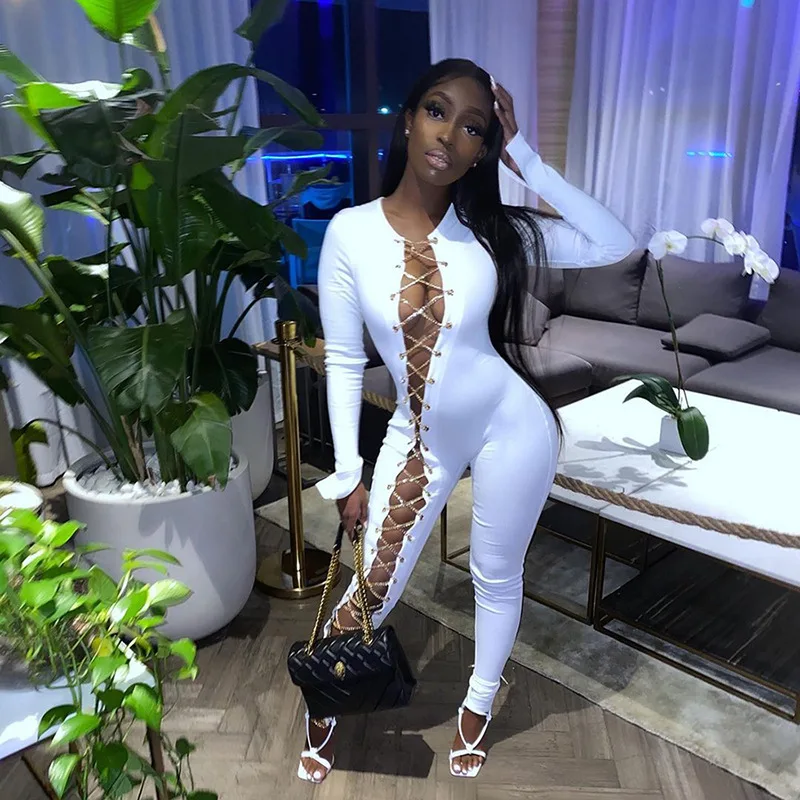 2021 Ribbed Chain Hollow Out Side Criss-Cross  Jumpsuit Women Solid Flared Sleeve Skinny Slim Night Club Party One Piece Overall