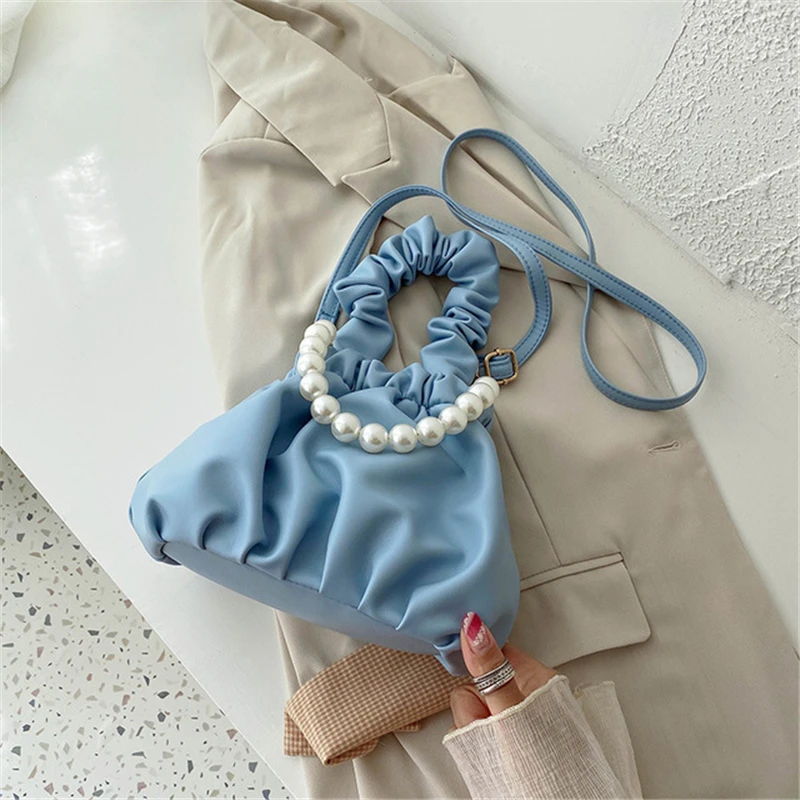 

Pleated Bucket Bag Pearl Portable Cloud Bags Soft Leather Handbag Women Crossbody Shoulder Bag Purse Women Hand Bag Designer