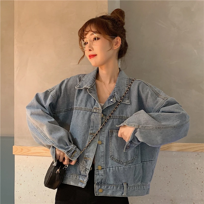 

Women's Jacket Autumn Single-breasted Short Fashion Ladie's Clothing Women Jacket Denim Loose All-match Jacket Pure Color Lapel