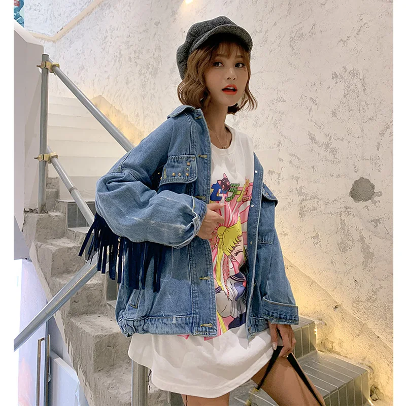 2021 Сезон весна осень Женская обувь с кисточками джинсовая ткань жакеты вышитые