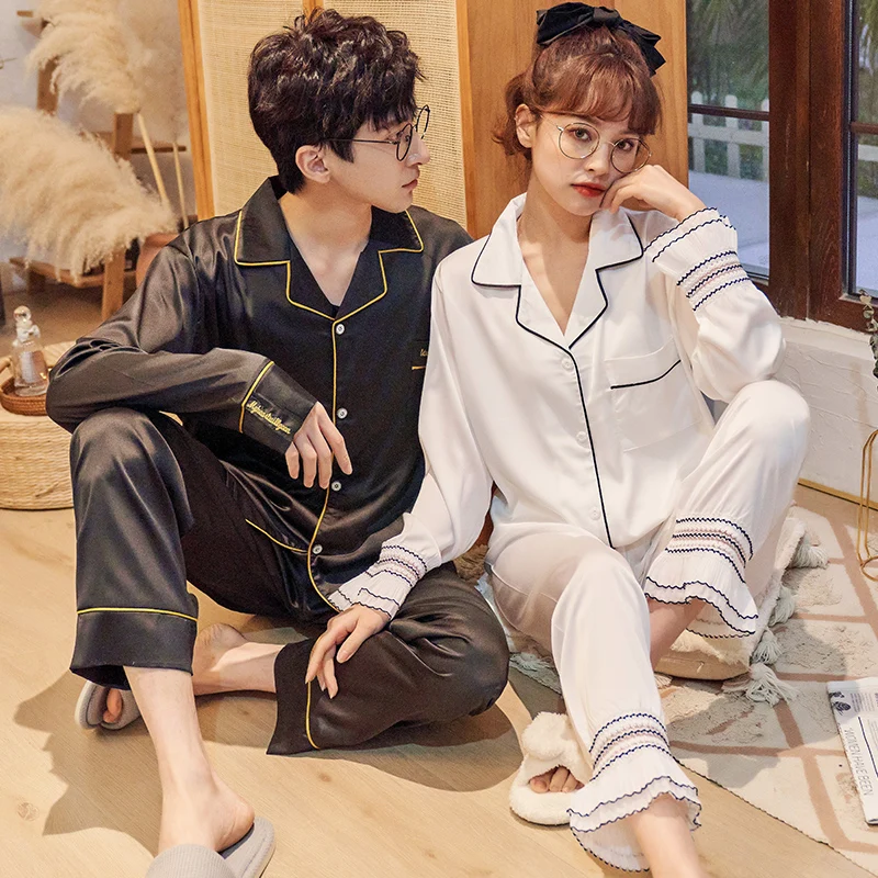 Пижама Мужская для пар Шелковый домашний костюм из натурального шелка с длинным