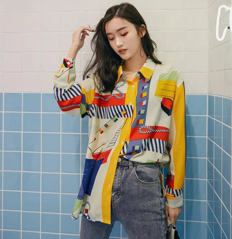 Весенняя Винтажная летняя женская блузка с принтом Желтая Женская рубашка