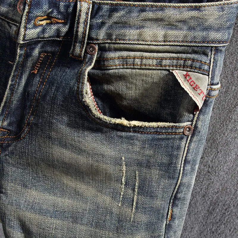 Newly Vintage Fashion Men Jeans High Quality Elastic Slim Fit Ripped Jeans Men Retro Distressed Wash Designer Casual Denim Pants