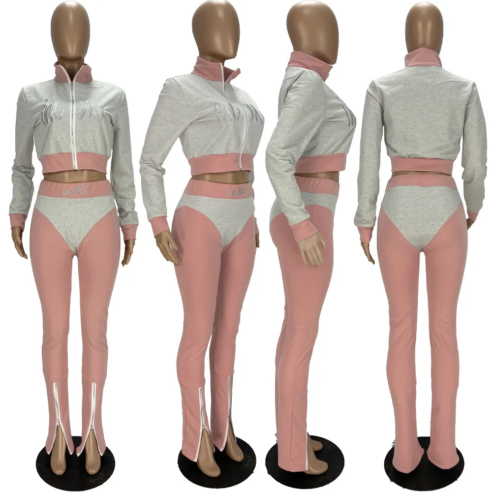 

Embroidery Letter Patchwork Two Piece Set Jogging Femme Zipper Jackets Crop Top + Slit Hem Pants Club Party Tracksuit Women Set
