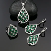 silver 925 bridal jewelry sets for women green cubic zirconia white crystal water drop earrings ring pendant necklace set