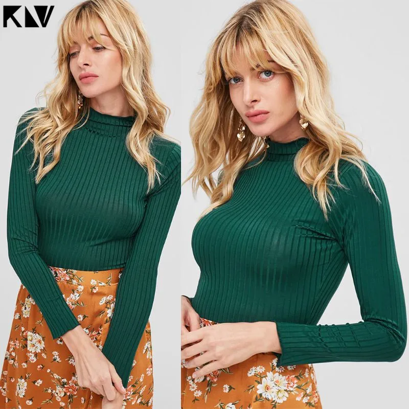 2019 Women Long Sleeve Turtleneck Sweater Ribbed Knit Vertical Stripes Sexy Slim Fitted Top Solid Casual Basic Streetwear | Женская