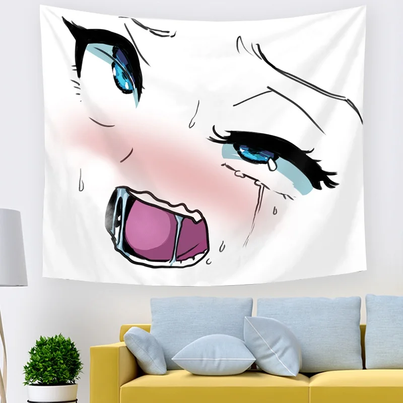 Японский гобелен манга Ahegao с изображением лица черный и белый цвета