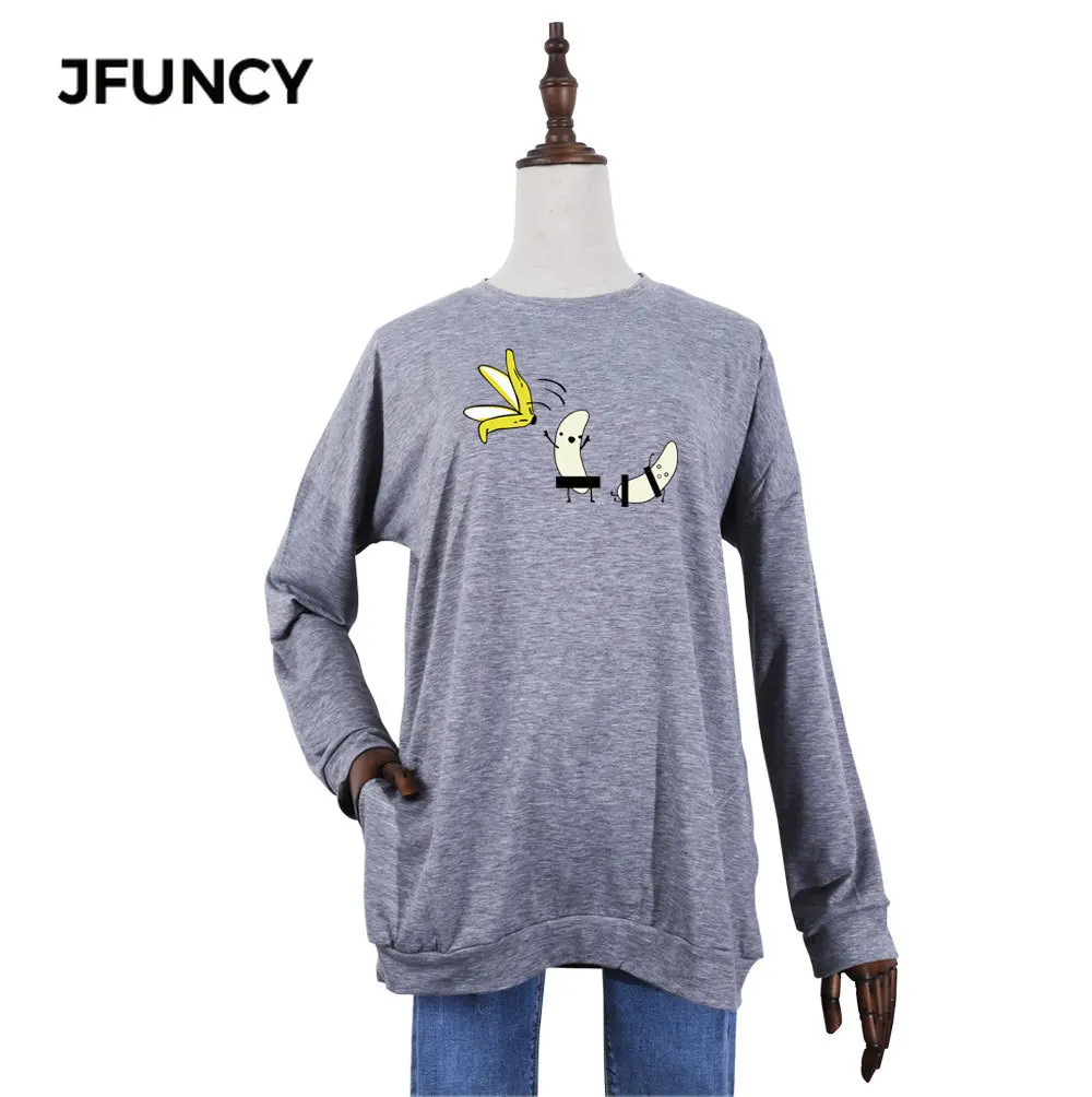 

JFUNCY Spoof Banana Cartoon Print Spring Autumn Women T-Shirt O-Neck Long Sleeve Loose Pullover Tops Casual Female T Shirt