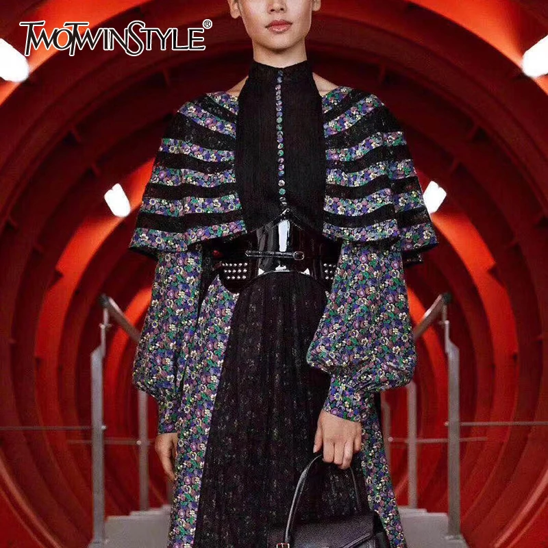 TWOTWINSTYLE Patchwork Lace Hit Color Women's Dresses Halter Lantern Long Sleeve High Waist Casual Dress Female Fashion Clothing