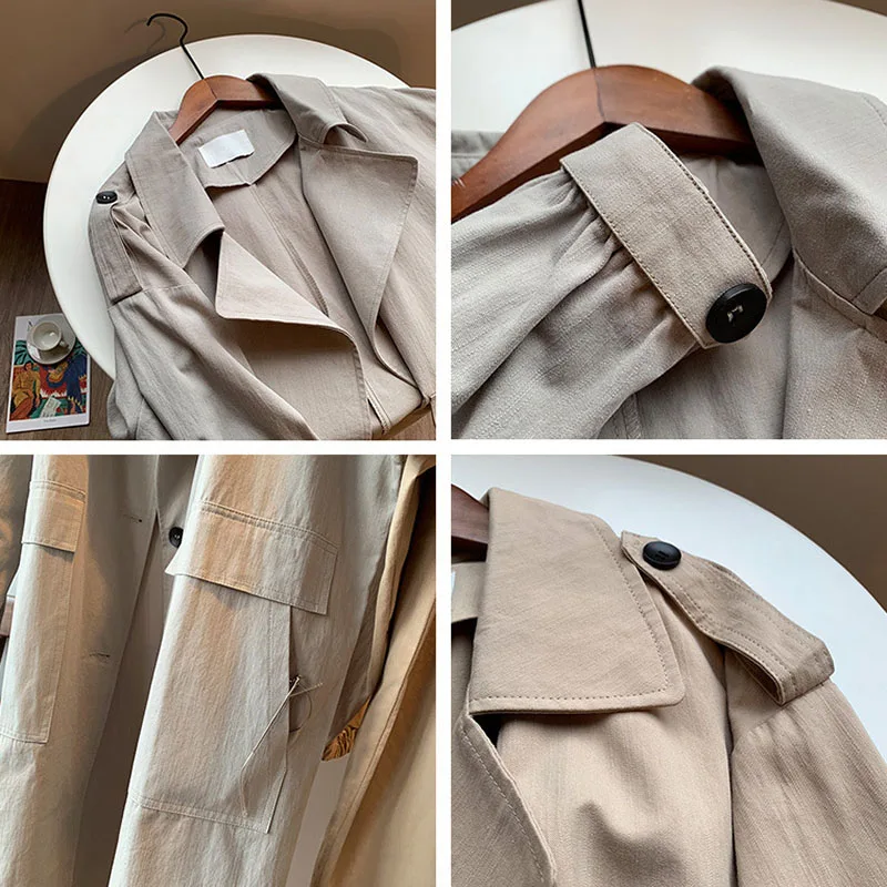 

Turn Down Collar Loose Office Wear Long Coat Big Pocket Korean Gray Khaki Windbreaker Women Solid Casual Trench Coat