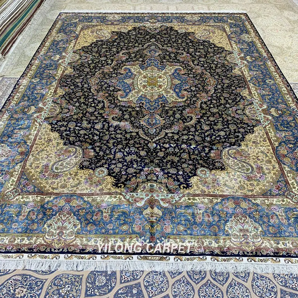 Koop Yilong 10'x14' Vantage Klassieke Kleed Grote Antiek Blauw Medaillon Iraanse Zijde Tapijt (ZQG370A)