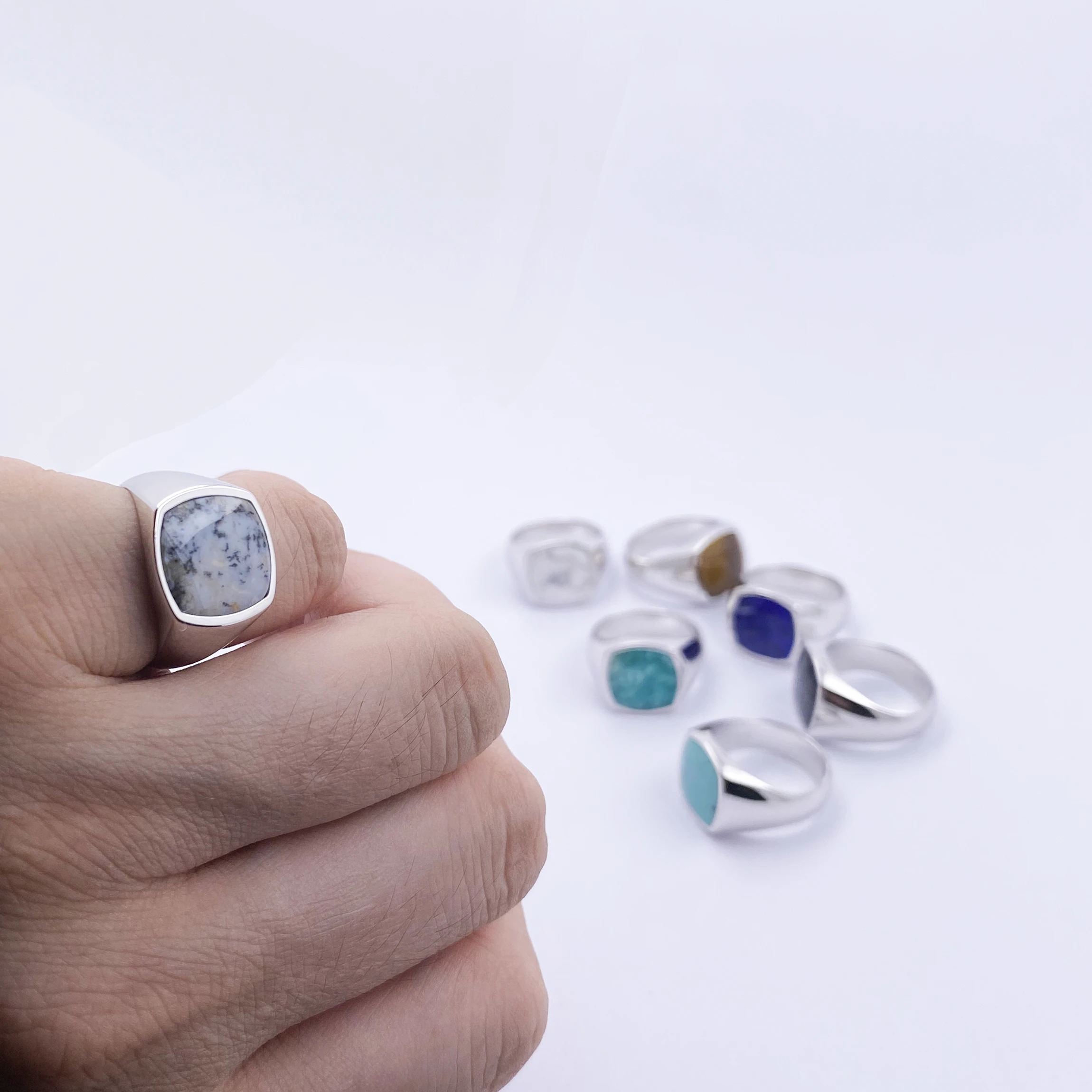 Sterling Silver Grass opal Gemstone Signet Rings For Men