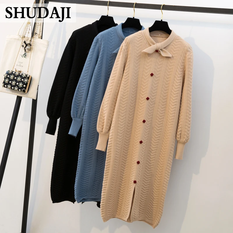 Женское трикотажное платье средней длины свободное большого размера с длинными