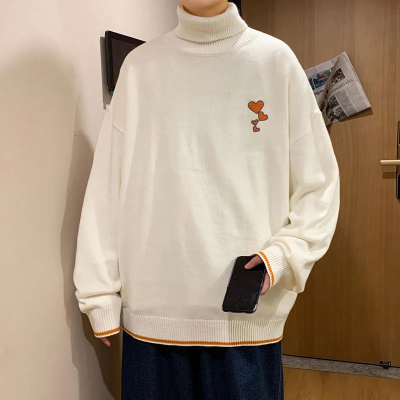 

Hybskr Turtleneck Loose Men's Winter Sweater Heart Graphic Fashion Pullovers Warm Harajuku Knitwear 2021 New Male Clothing