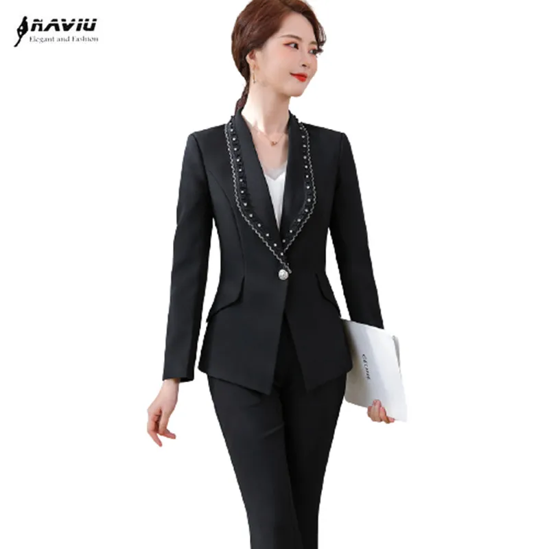 Naviu New Fashion Black Pants Suits Elegant Blazer and Trousers Two Pieces Set Formal Workwear Office Lady Uniform