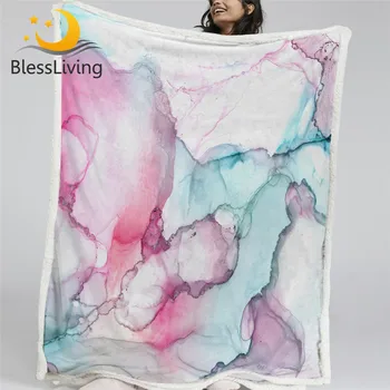BlessLiving Alcohol Ink Pink Blanket Marble Style Plush Bedspread Blue Blankets For Beds Watercolor Abstract Throw Blanket Koce 1