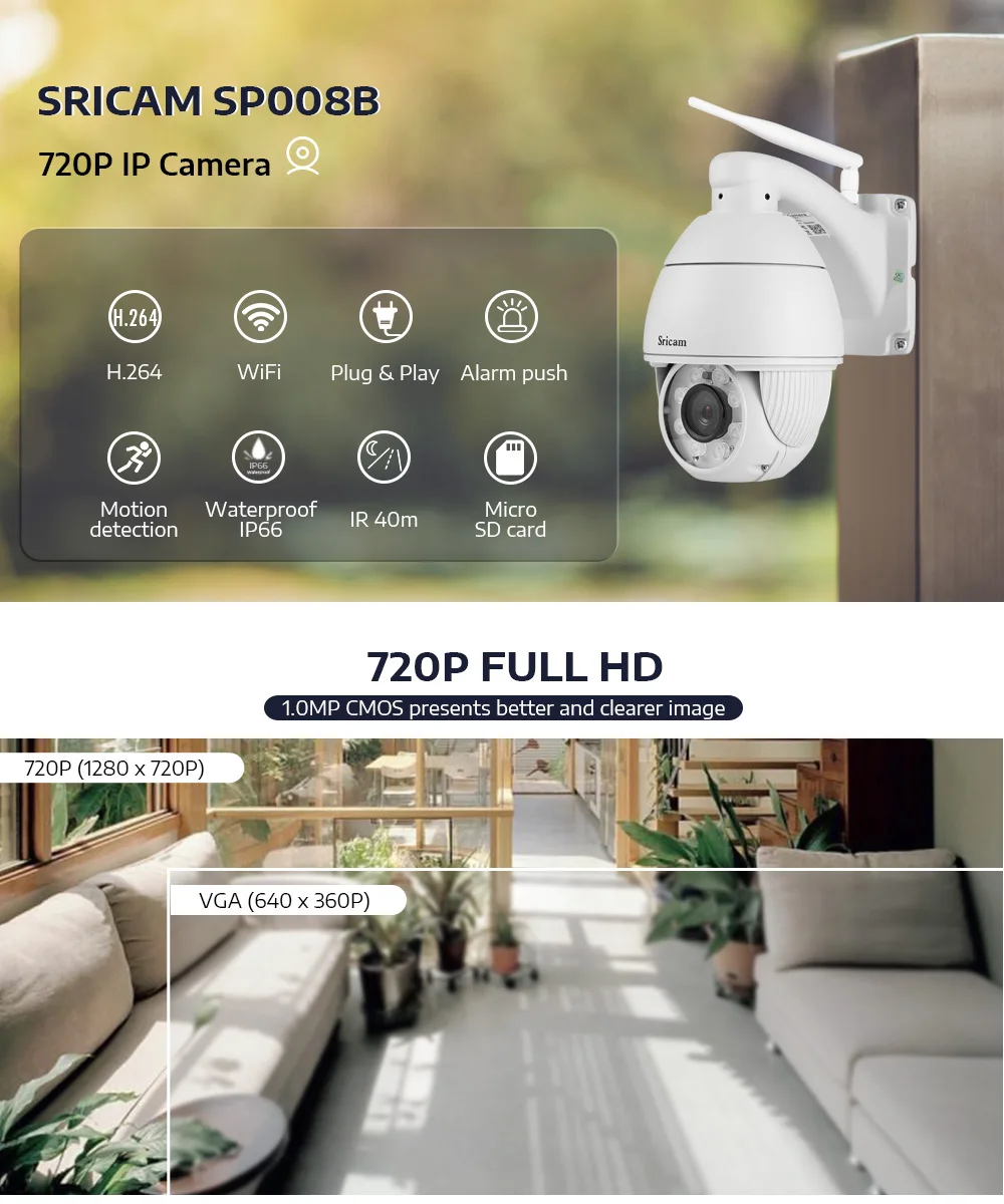 Sricam SP008B 720P WiFi IP камера беспроводная наружная камера видеонаблюдения CCTV удаленный мониторинг и сигнализация Водонепроницаемая камера