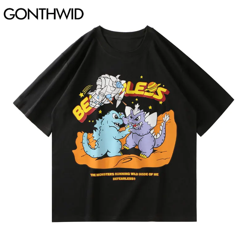

GONTHWID Tees Shirt Hip Hop Funny Cartoon Dinosaur Print Tshirts Streetwear Harajuku Casual Cotton Loose Fashion T-Shirts Tops
