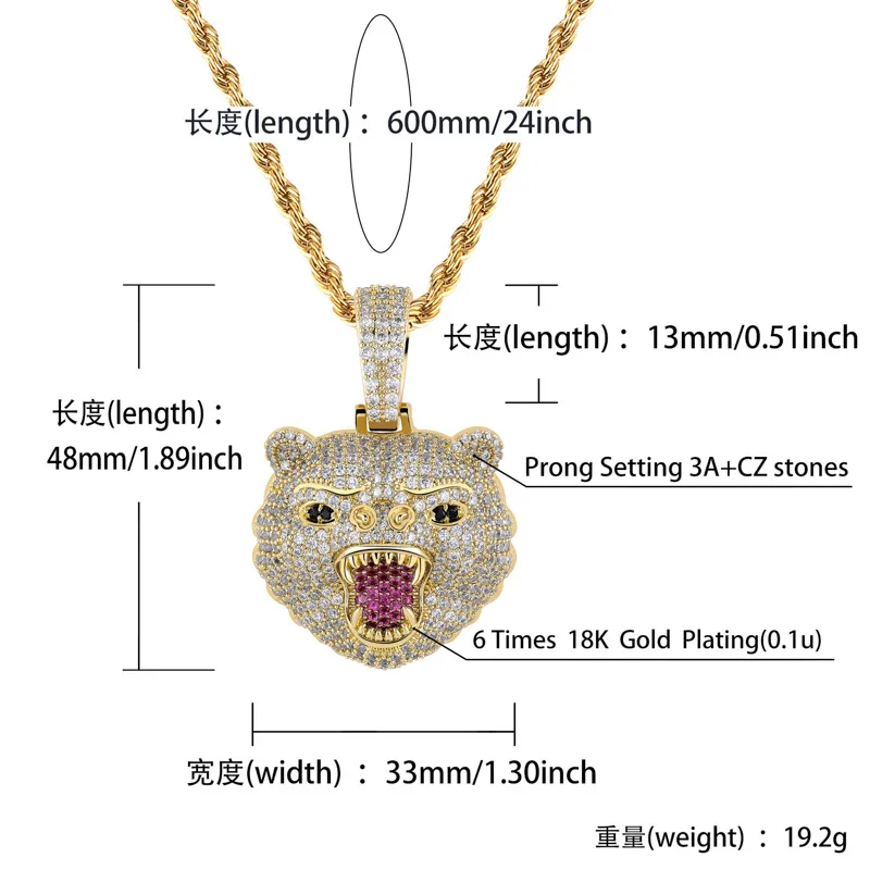 New Fashion Hip Hop Jewelry Beast Bear Animal All Iced Out Pendant Necklace 5mm Tennis Chain Gold Silver Men Rock Jewelry Gift
