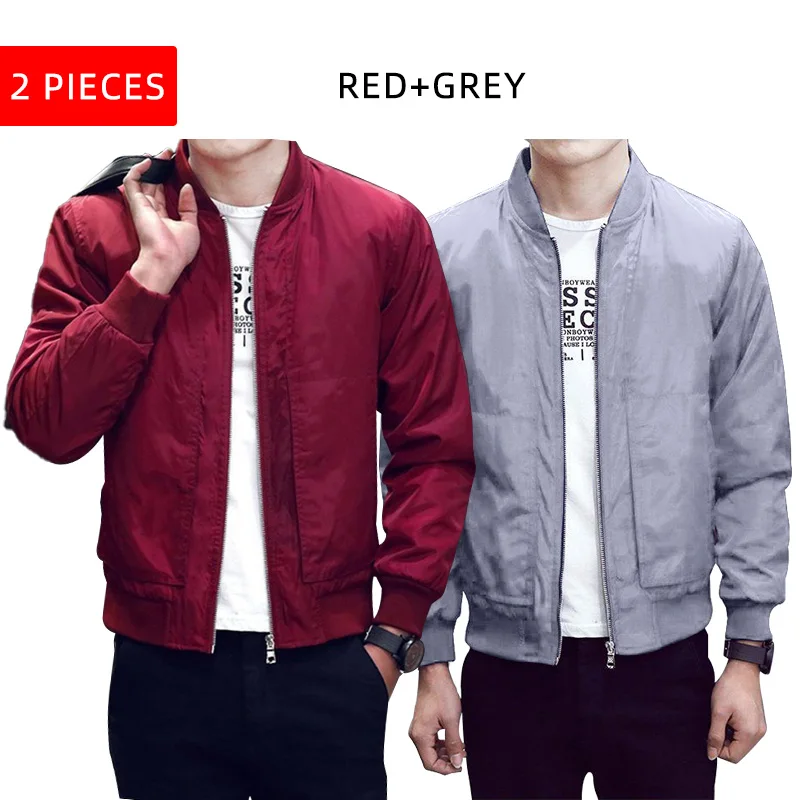 2pc Red Grey FK063 Повседневная куртка-бомбер, Мужская однотонная Модная приталенная весенняя куртка, осенняя верхняя одежда, пальто, бейсбольные куртки, мужская уличная куртка - Цвет: 2pc Red Grey FK063