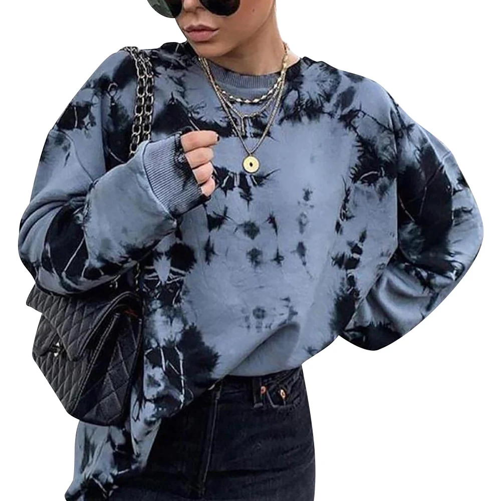 

2020 Women Fashion Tie-Dyed Tees Shirt O-neck Printing Long Sleeves Sweater Tops Chemise Femme Manche Longue