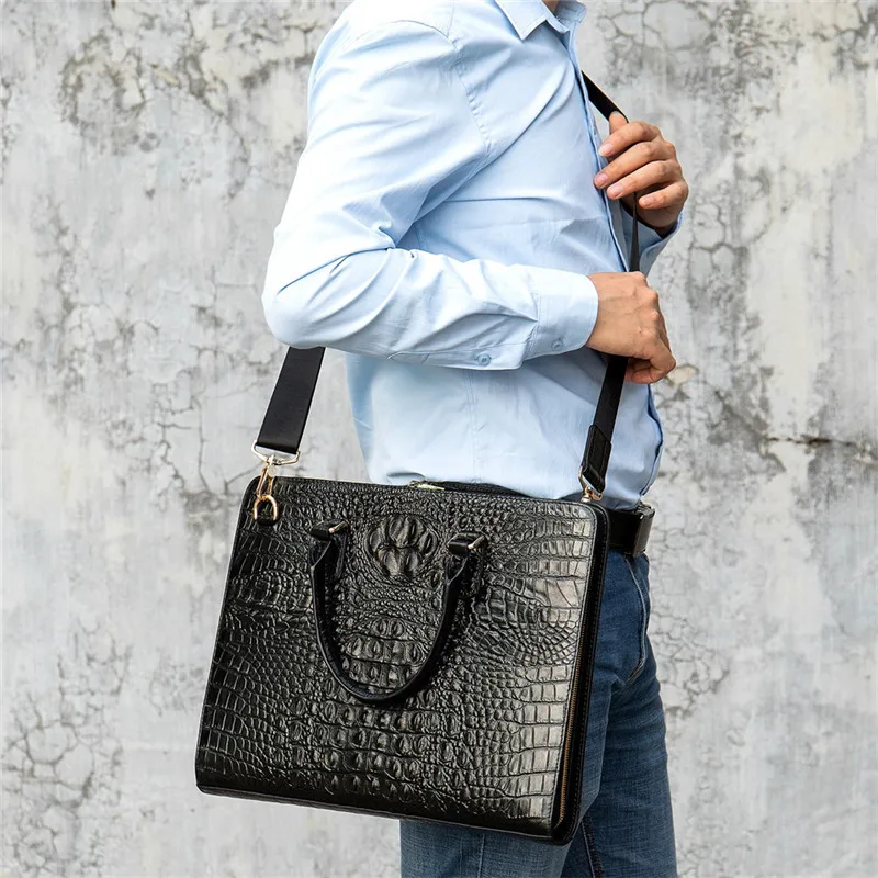 New Luxury 100% Cow Genuine Leather Business Men's Briefcase Male Shoulder Bag Alligator Messenger Bag Tote Computer Handbag