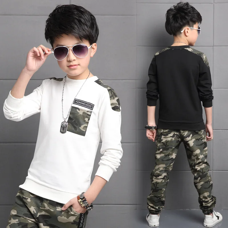 Boys T-shirt + Pants Sports Suits Kide Clothes Sets Children's Camouflage Black and White Color 4 14 Ages Clothing Set |