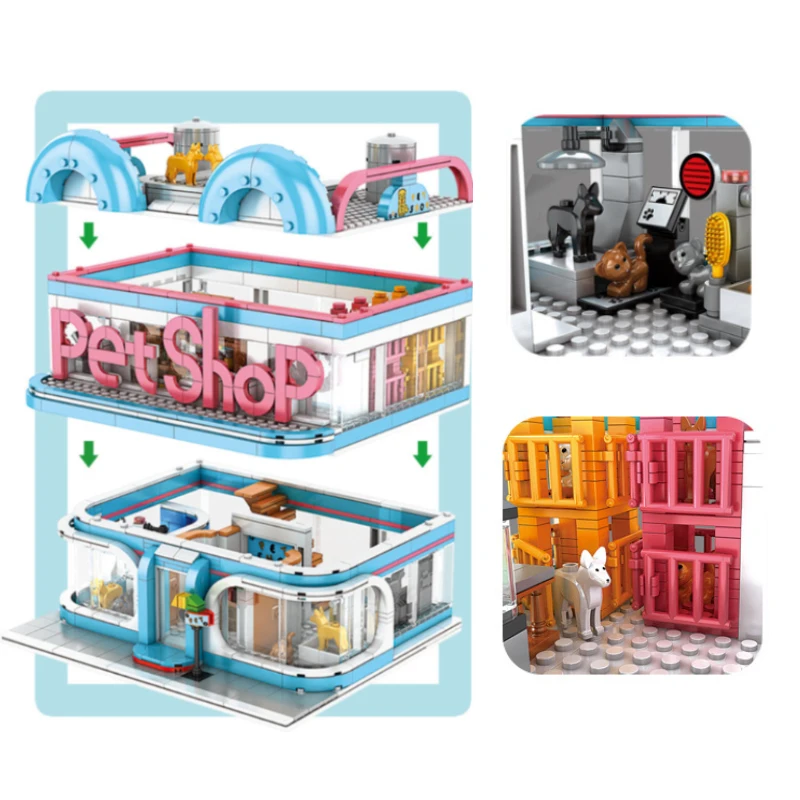 

1082Pcs Street View Series Petshop Model Building Blocks Creator City Pet Store Architecture Bricks Children New Year Toys Gifts