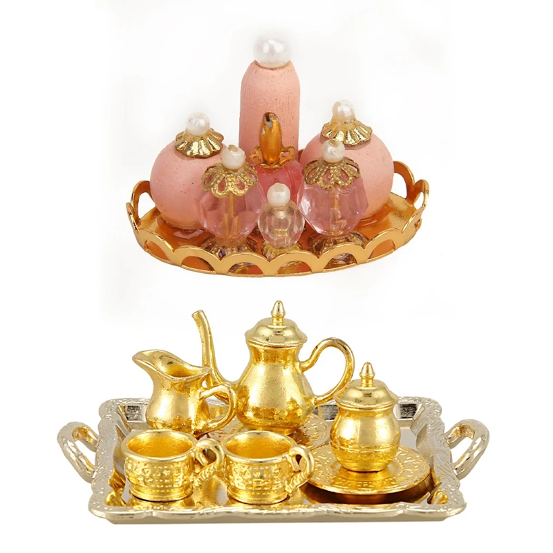 

2 Set 1/12 Miniature Dollhouse Pink Perfume Bottle With Dollhouse Miniature Metal Tea Set Length 6.5Cm Gold